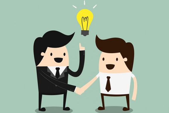Illustration of two professionals shaking hands and a lightbulb over their heads. It represents the moment a company identifies the ideal moment to adopt a CRM.